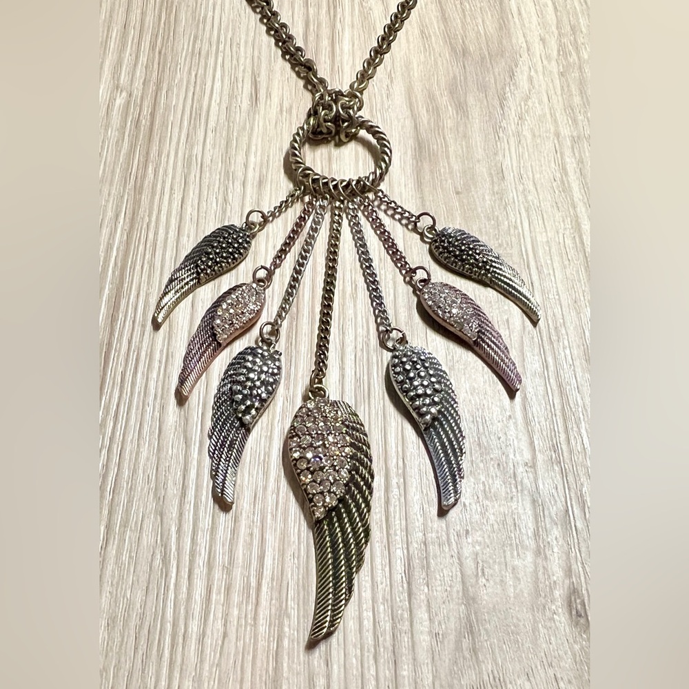 Vintage VCLM Bronze Tone Wing Chandelier Necklace With Cubic Zirconia Accents